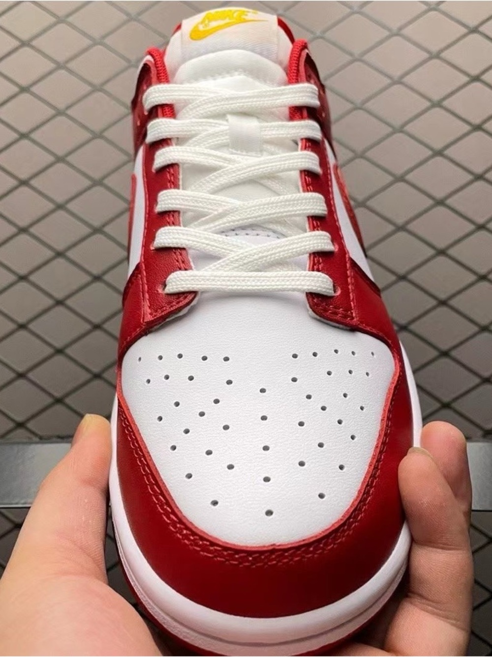 Nike Men’s Low-Top Sneaker — White/Red with Yellow Tongue Logo